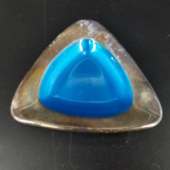 Reed Barton Ashtray Trinket Dish Blue Enamel Silver Plate Triangle Patina 5.50" - Picture 5 of 9
